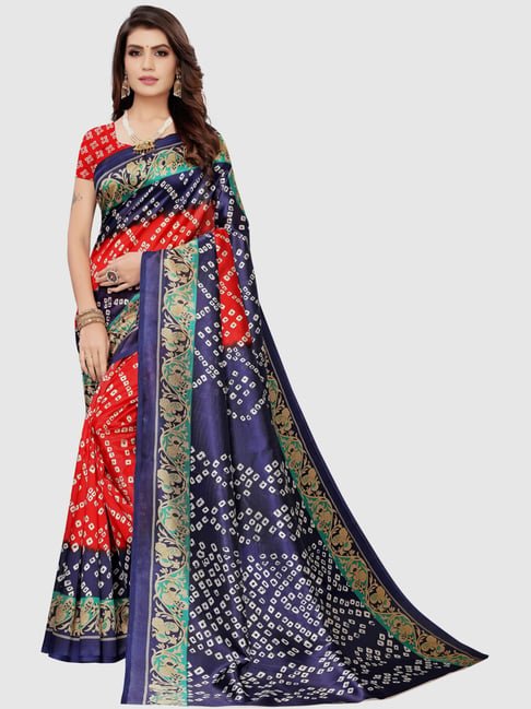 KSUT Navy & Red Printed Saree With Blouse Price in India
