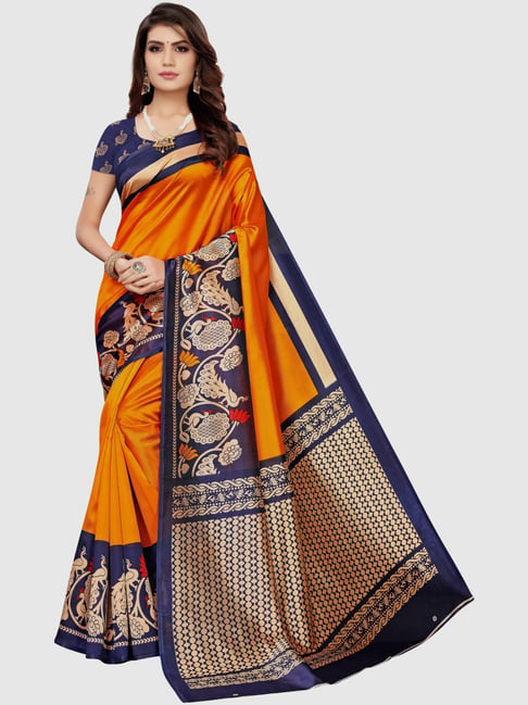 KSUT Orange Printed Saree With Blouse Price in India