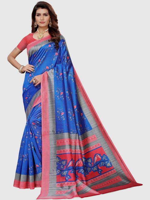 KSUT Royal Blue Printed Saree With Blouse Price in India