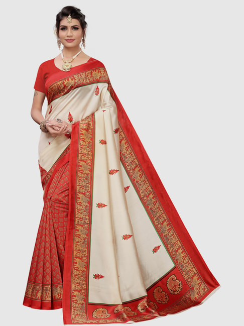 KSUT Beige & Red Printed Saree With Blouse Price in India