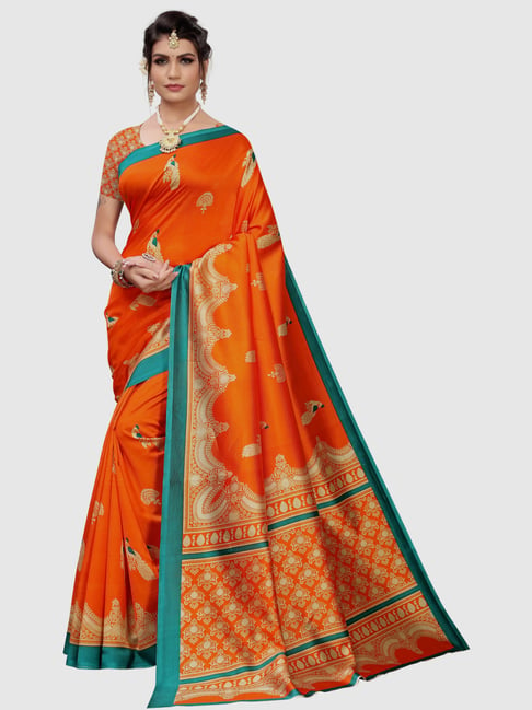 KSUT Orange Printed Saree With Blouse Price in India