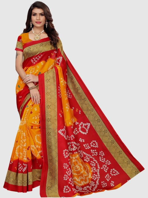 KSUT Red & Mustard Printed Saree With Blouse Price in India