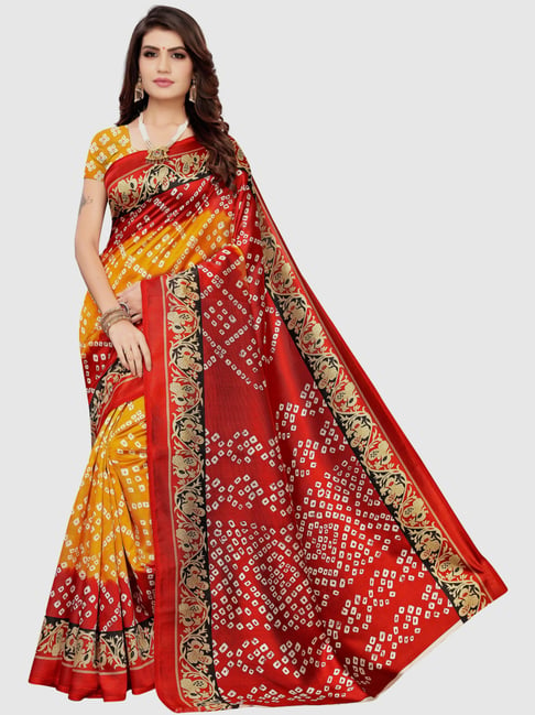 KSUT Red & Mustard Printed Saree With Blouse Price in India