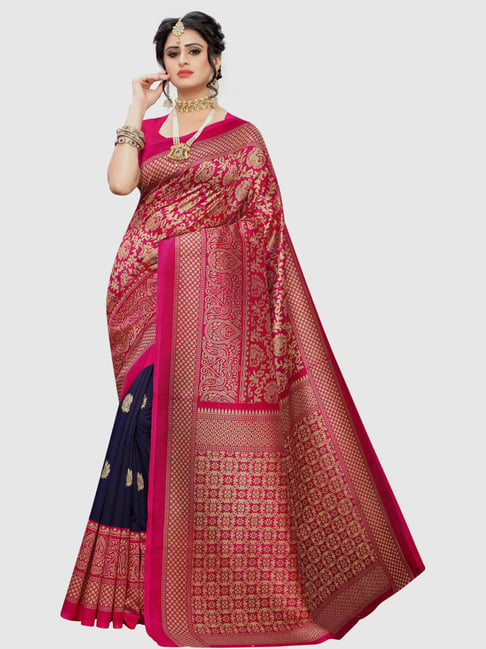 KSUT Pink & Navy Woven Saree With Blouse Price in India