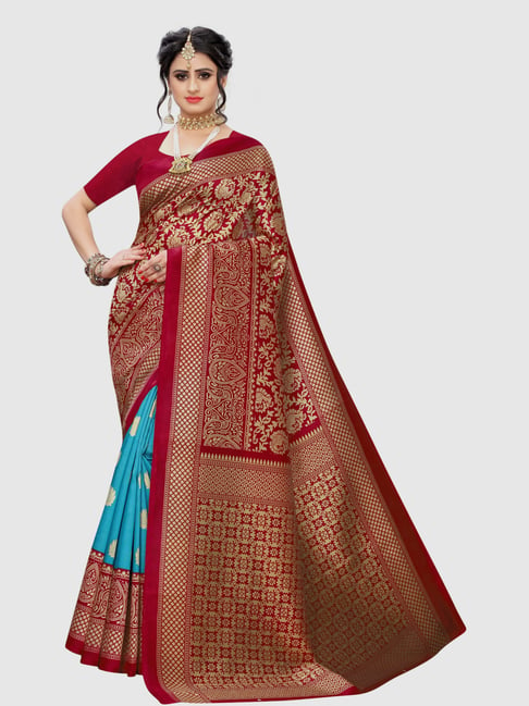 KSUT Red & Blue Woven Saree With Blouse Price in India