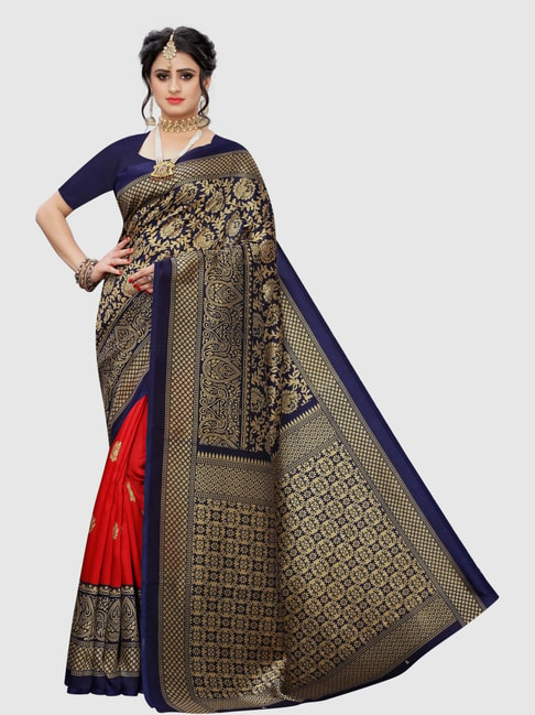 KSUT Navy & Coral Woven Saree With Blouse Price in India