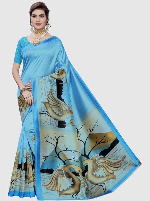 KSUT Sky Blue Printed Saree With Blouse Price in India
