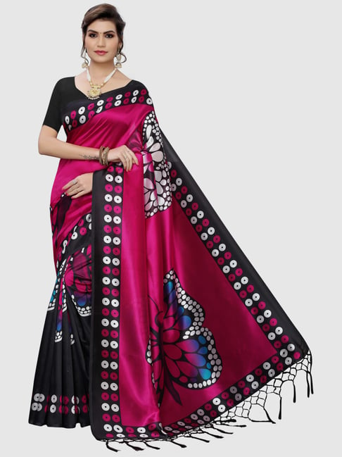 KSUT Magenta & Black Printed Saree With Blouse Price in India