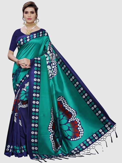 KSUT Cyan Blue Printed Saree With Blouse Price in India