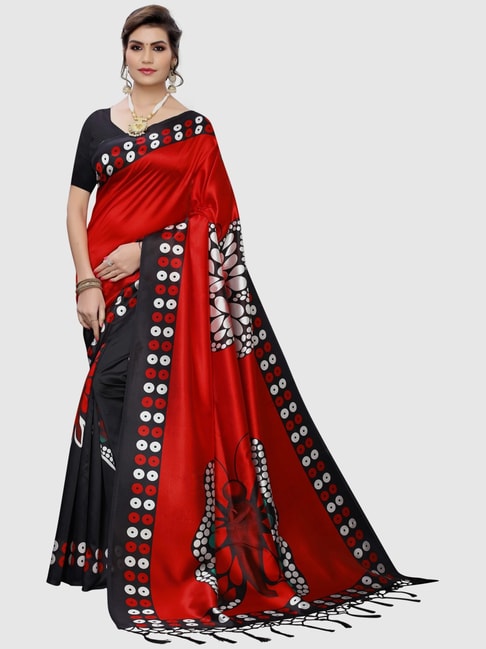 KSUT Red & Black Printed Saree With Blouse Price in India