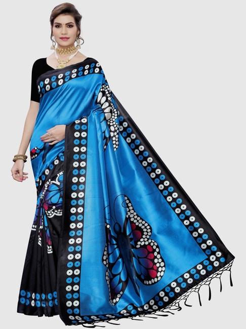 KSUT Blue & Black Printed Saree With Blouse Price in India