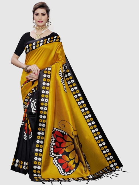 KSUT Mustard & Black Printed Saree With Blouse Price in India