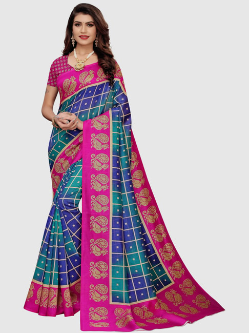KSUT Green & Purple Printed Saree With Blouse Price in India