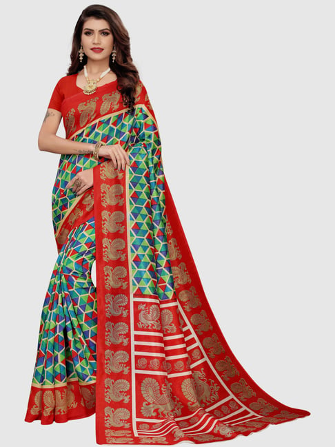 KSUT Red & Green Printed Saree With Blouse Price in India
