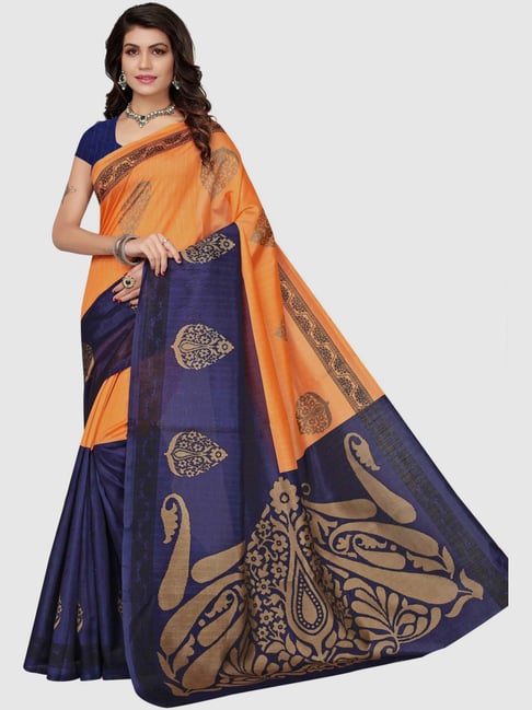 KSUT Orange & Navy Printed Saree With Blouse Price in India