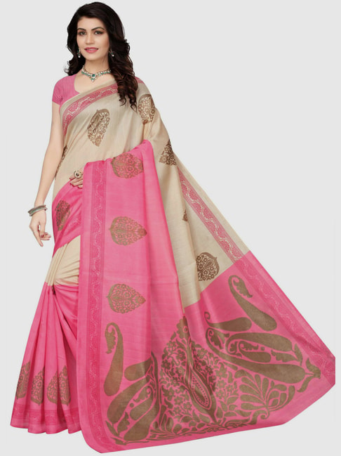 KSUT Beige & Pink Printed Saree With Blouse Price in India