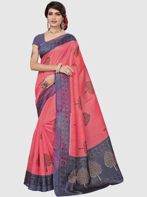 KSUT Rose Pink Printed Saree With Blouse Price in India