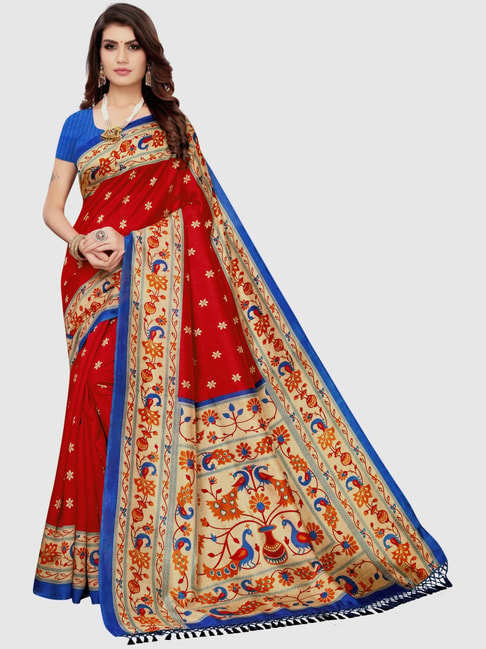 KSUT Red Printed Saree With Blouse Price in India