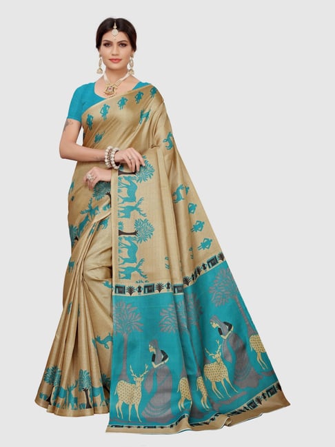 KSUT Beige & Blue Printed Saree With Blouse Price in India