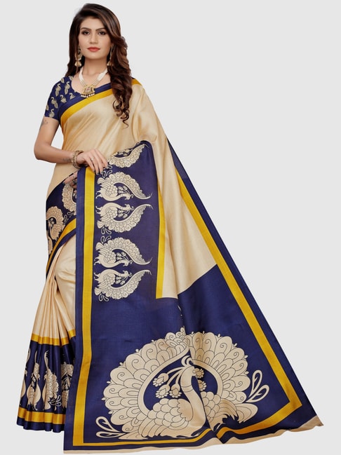 KSUT Beige & Navy Printed Saree With Blouse Price in India