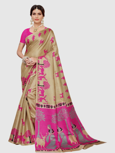 KSUT Beige & Pink Printed Saree With Blouse Price in India