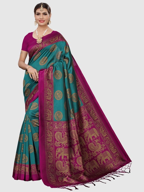 KSUT Turquoise Printed Saree With Blouse Price in India