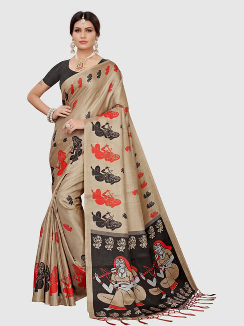 KSUT Beige & Black Printed Saree With Blouse Price in India