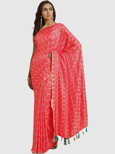 Chhabra 555 Coral Chequered Saree With Blouse