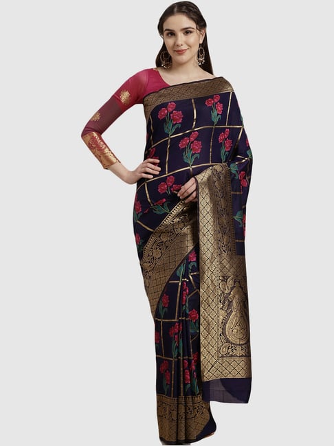 Chhabra 555 Navy Floral Print Saree With Blouse