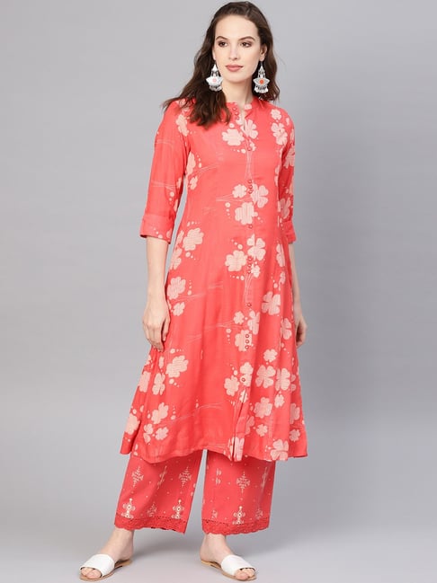 Juniper Coral Printed Kurta Palazzo Set