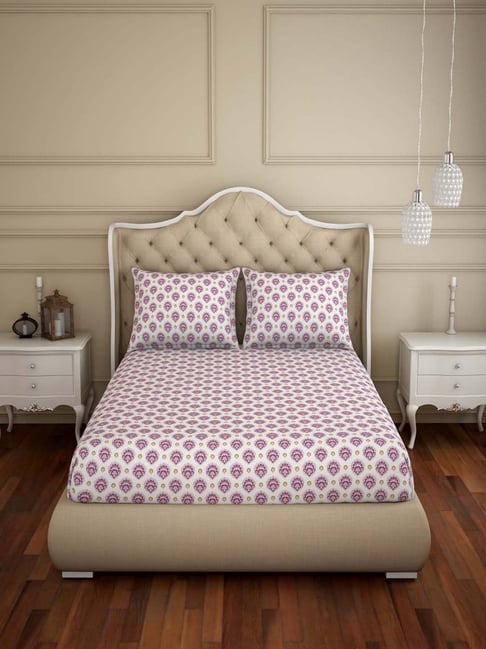Buy Welspun Reversible 150 TC White & Purple Bed Sheet Set at Best