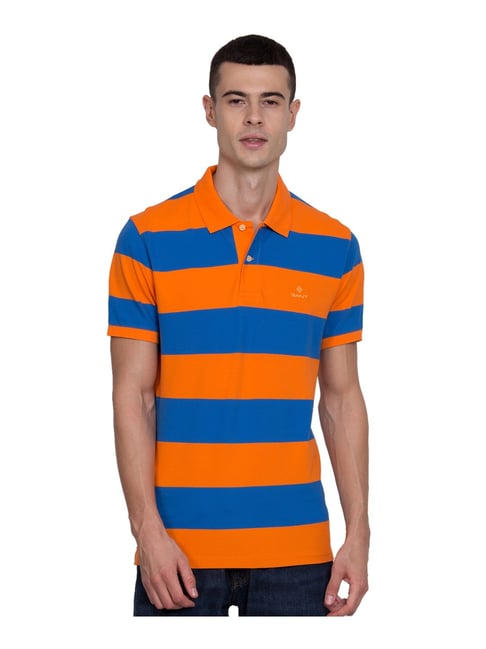 blue and orange striped polo shirt