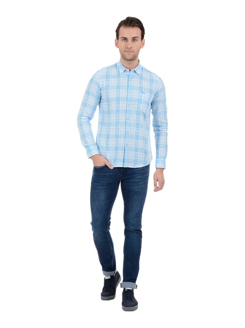 Buy Pepe Jeans Sky Blue Regular Fit Check Shirt for Men's Online @ Tata ...