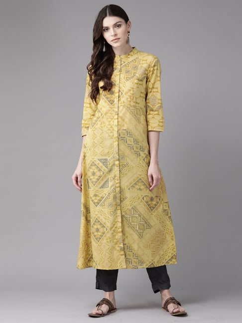 Indo Era Yellow Cotton Printed A Line Kurta Price in India