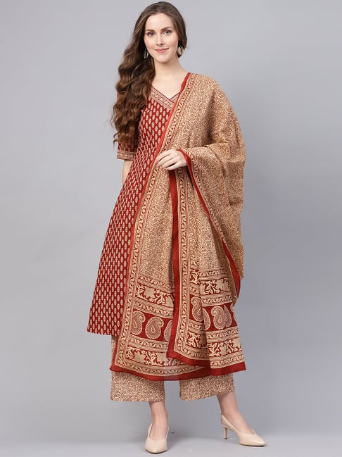 Indo Era Maroon & Beige Cotton Printed Kurta Palazzo Set With Dupatta