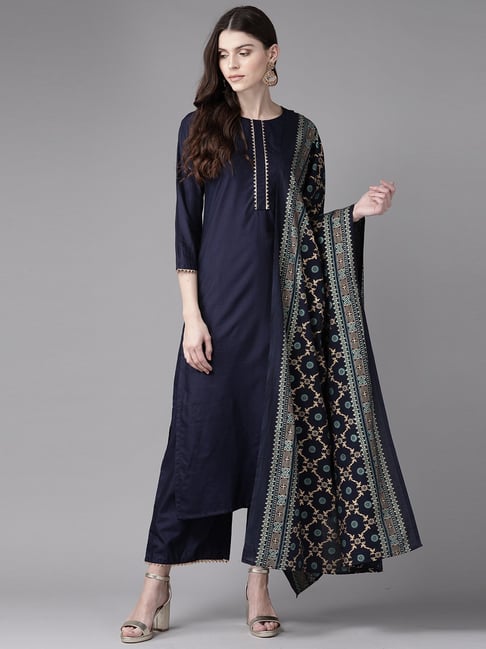 Indo Era Navy Kurta Palazzo Set With Dupatta