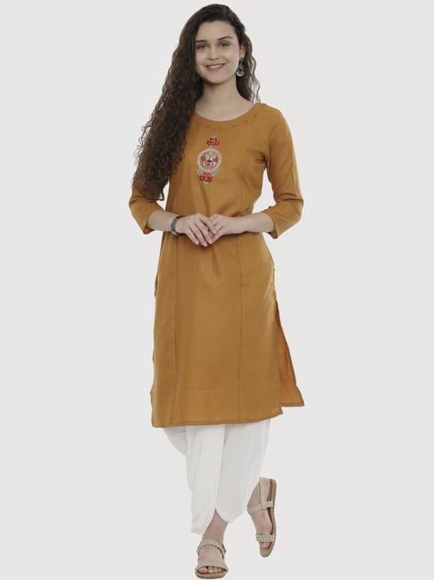 Mimosa Mustard Cotton Embroidered Straight Kurta