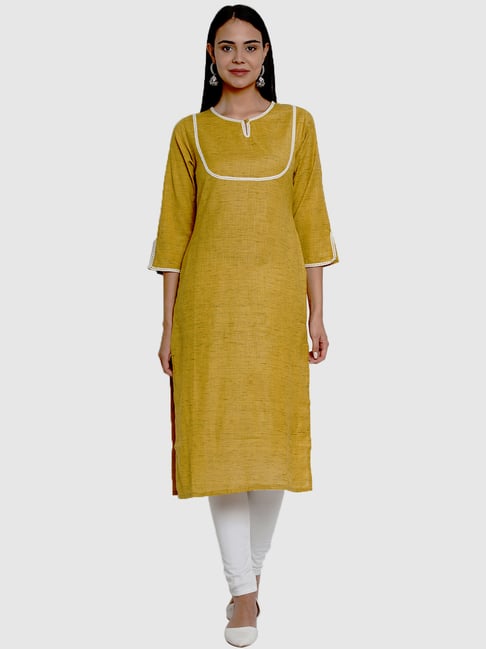 Bhama Couture Mustard Cotton Straight Kurta