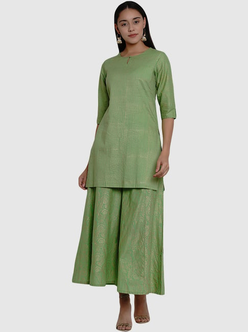 Bhama Couture Green Cotton Striped Kurta Palazzo Set