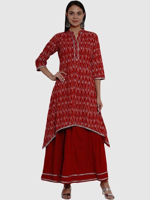 Bhama Couture Maroon Cotton Printed Kurta Skirt Set