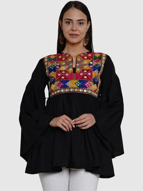 Bhama Couture Black Cotton Embroidered Tunic