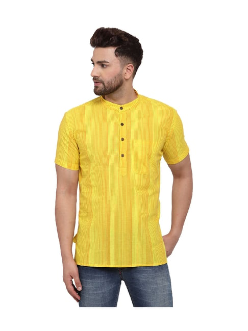 Abhiyuthan Yellow Stripes Cotton Kurta