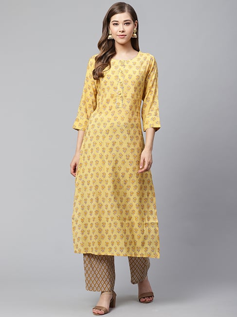 Cayman Mustard Printed Kurta Palazzo Set