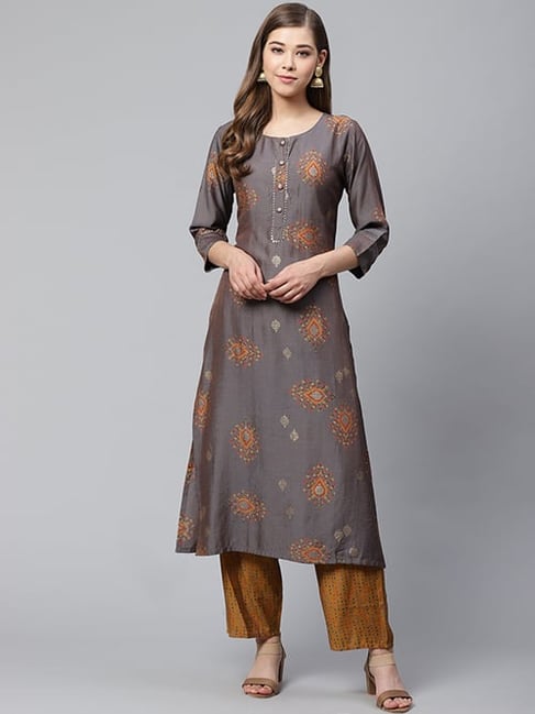 Cayman Grey Printed Kurta Palazzo Set