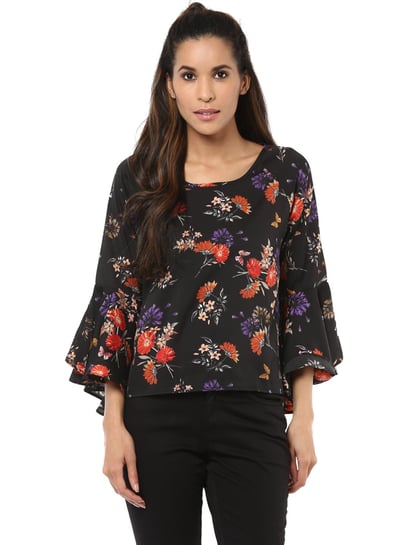 Buy Harpa Black Top With Floral Embroidery - Tops for Women