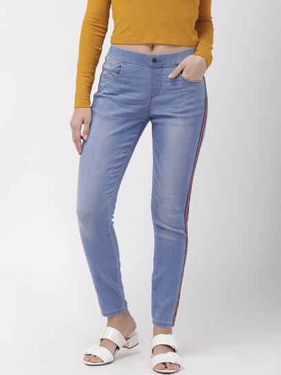 Buy Go Colors Women Solid Light Blue Side Striped Denim Jeggings online