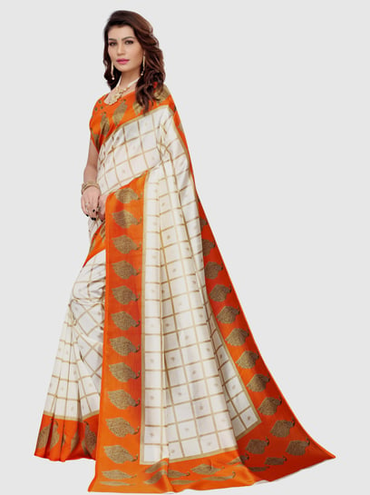 Buy KSUT By Varanga Off-White & Orange Printed Saree With Blouse