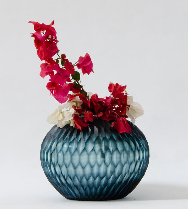 Buy Gulmohar Lane Teal Honeycomb Glass Vase Online Tata Cliq Luxury