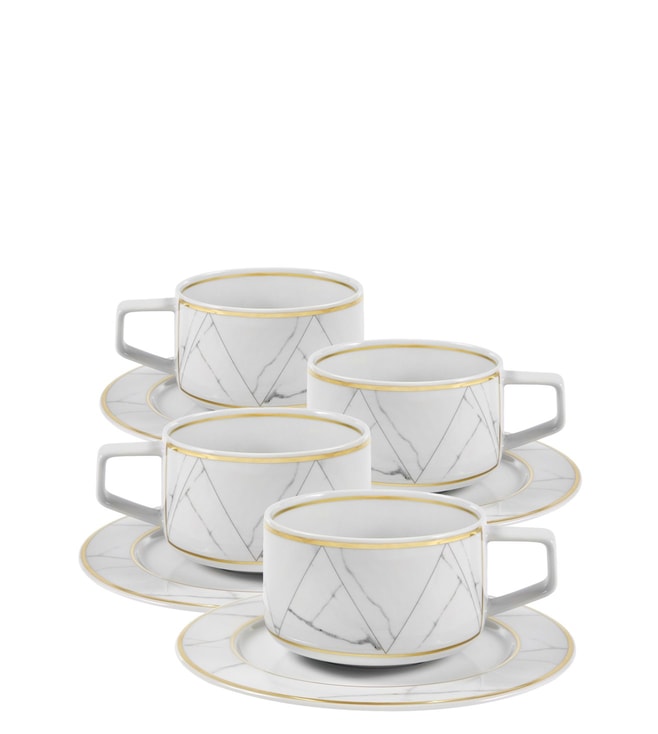 4 Piece Porcelain Tea Cup and Saucer Set White.