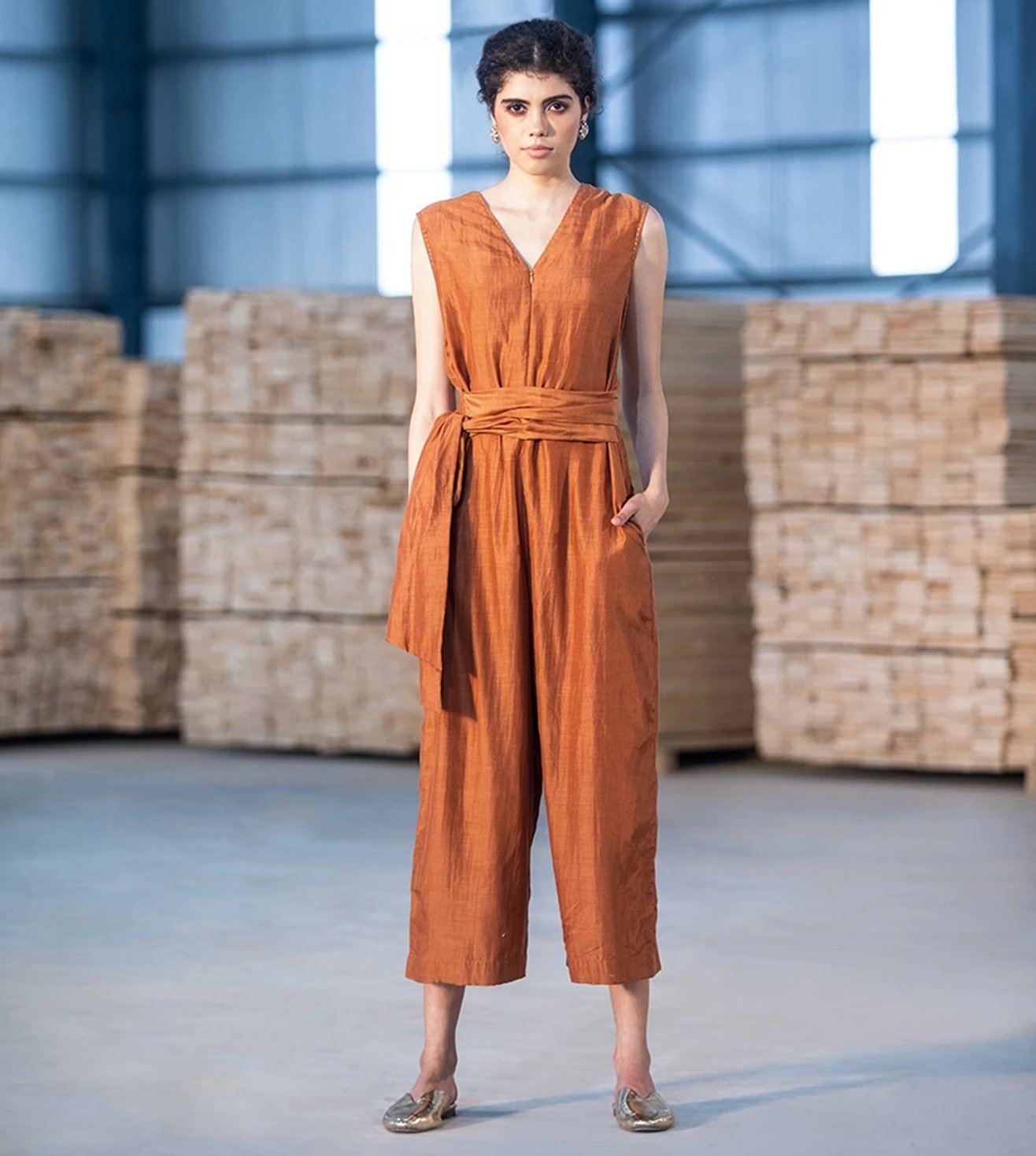 orange silk jumpsuit